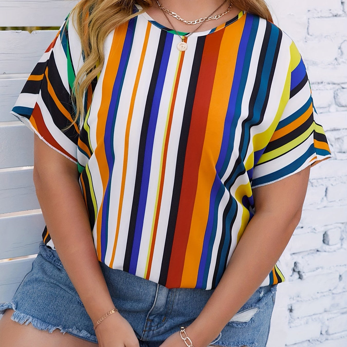  Colorblock Stripe Print Short Sleeve Top