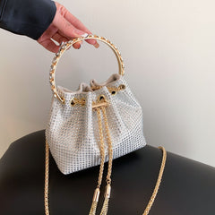 Rhinestone Bucket Bag Top Ring Clutch Purse Drawstring Crossbody Bag
