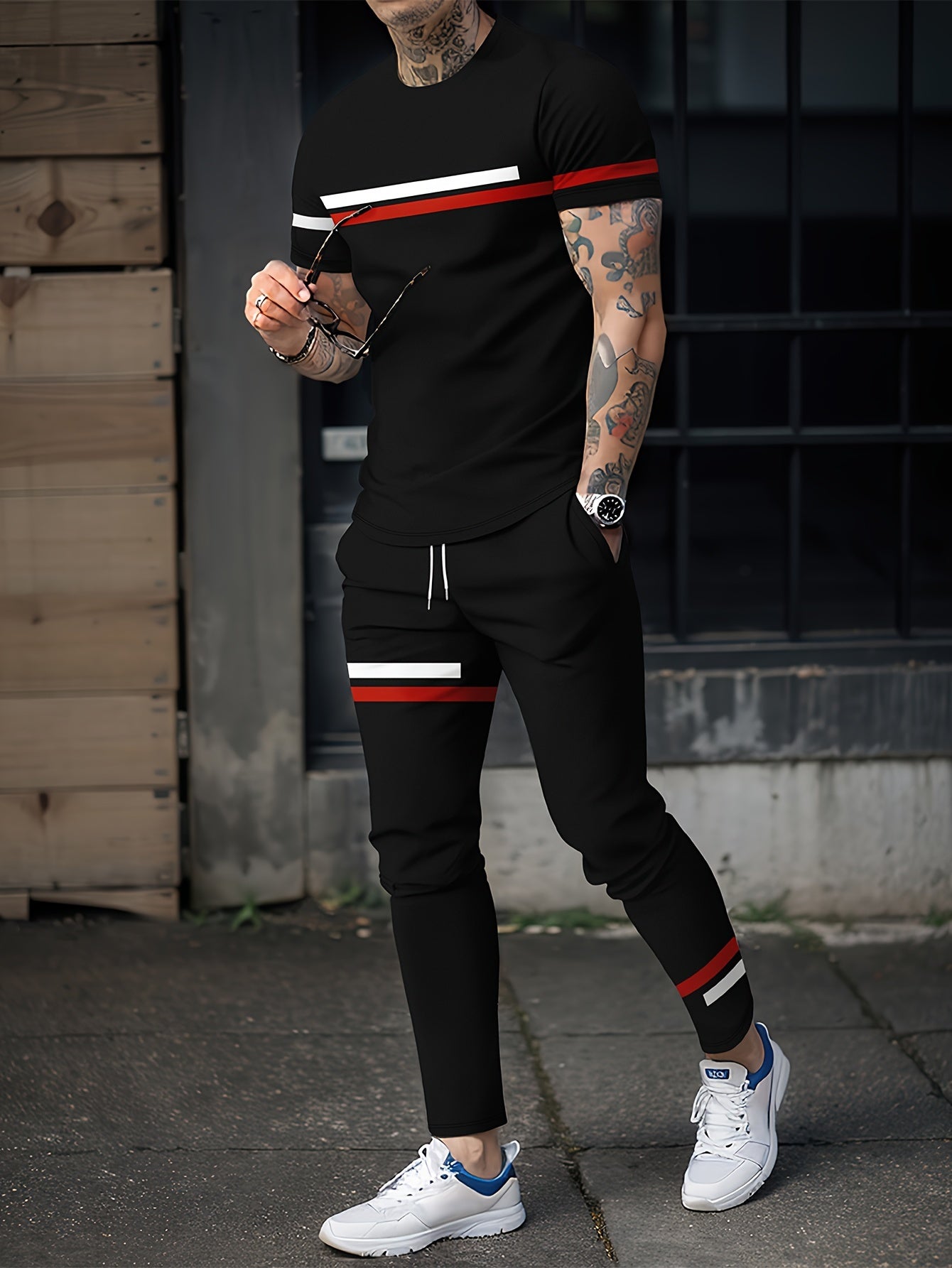Men's Stripe 2 Piece Outfits T-shirt & Drawstring Sweatpants Set