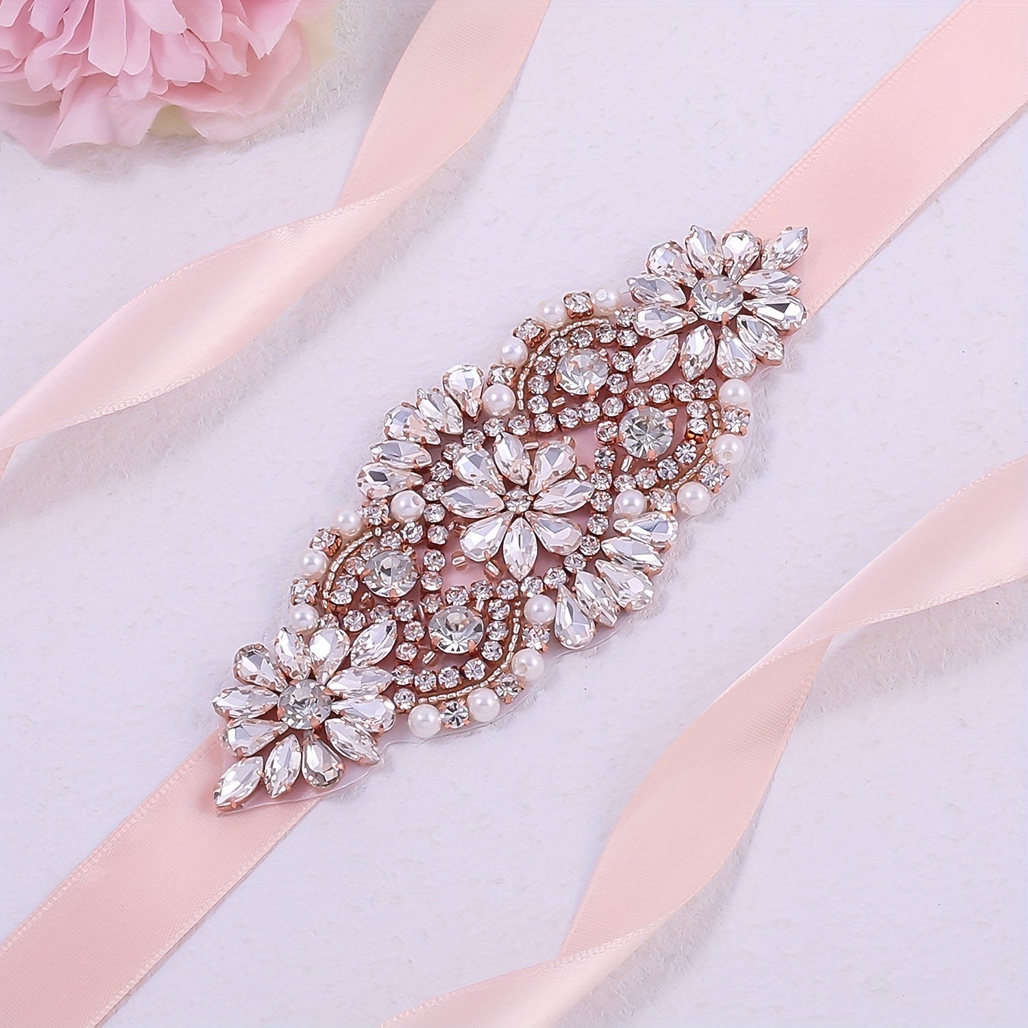 Rhinestone Waistband Satin Ribbon Belt Wedding