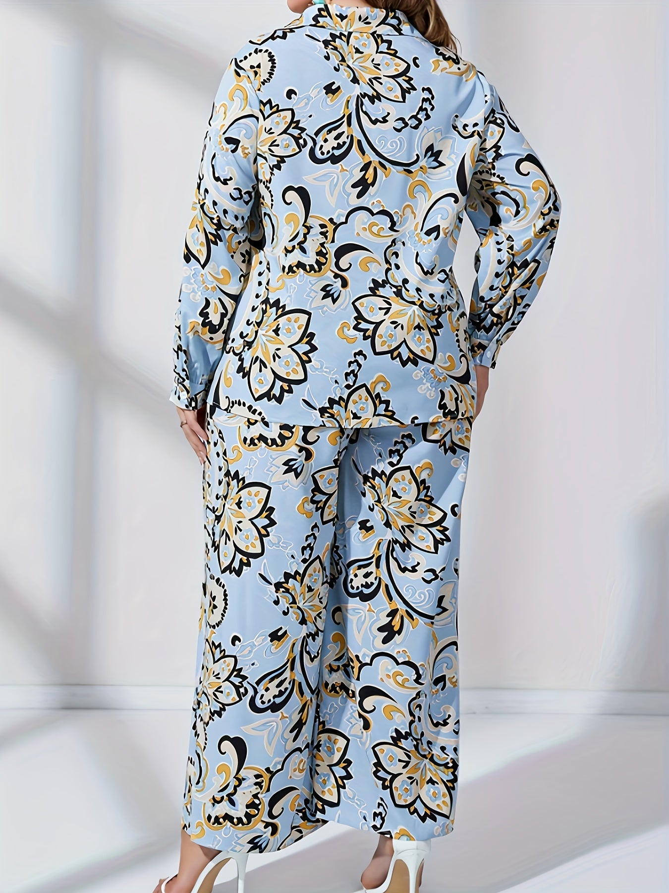  Floral Print Lantern Sleeve Blouse & Wide Leg Pants Set