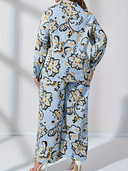  Floral Print Lantern Sleeve Blouse & Wide Leg Pants Set