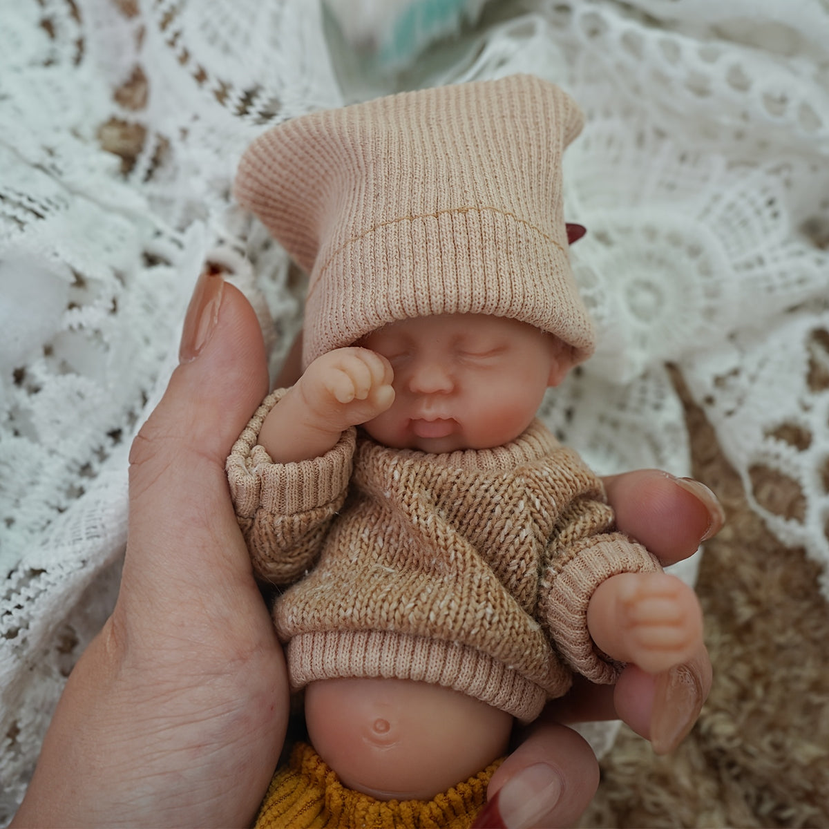 6 Inch Mini Reborn Doll with Hand Painted Light Beige Washable Silicone Body