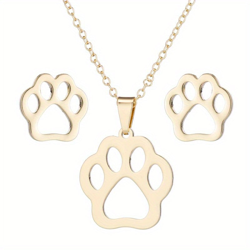 Stainless Steel Origami Cat Necklace and Earrings Set - Animal Pet Jewelry