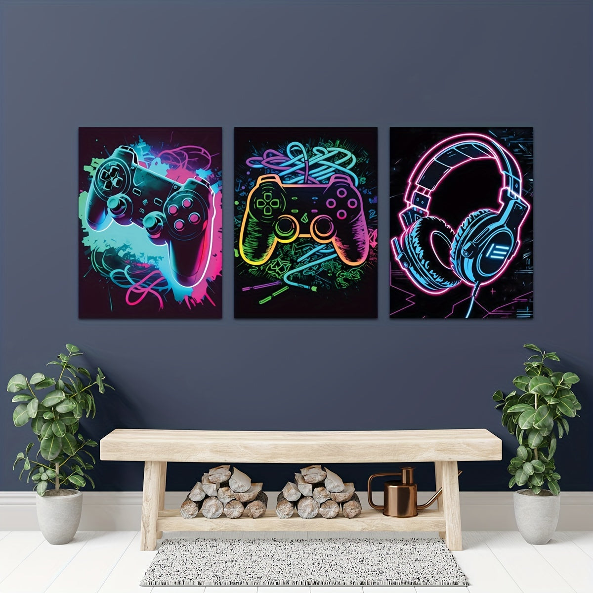 Neon Gaming Controller Canvas Print Poster Home Decor