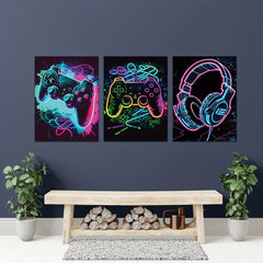 Neon Gaming Controller Canvas Print Poster Home Decor