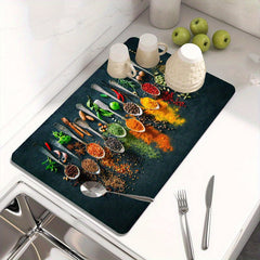 Colorful Square Drying Mat Spoon Print Pattern Absorbent Countertop Pad