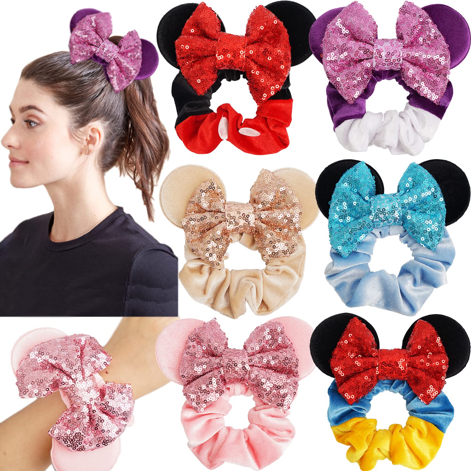 6pcs Mouse Ears Velvet Sparkle Sequin Bows Hair Scrunchies