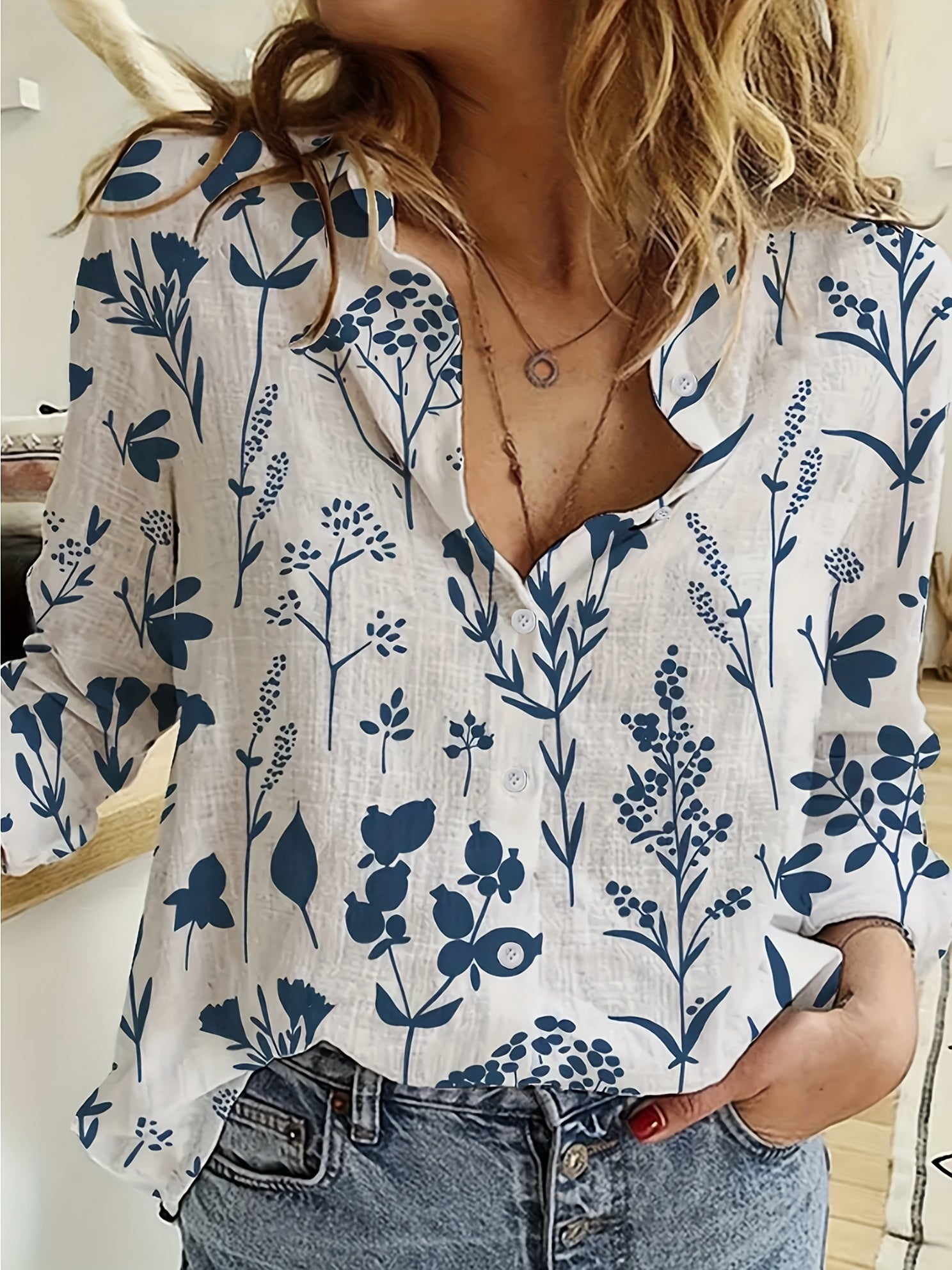 Floral Print Button Up Long Sleeve Blouse