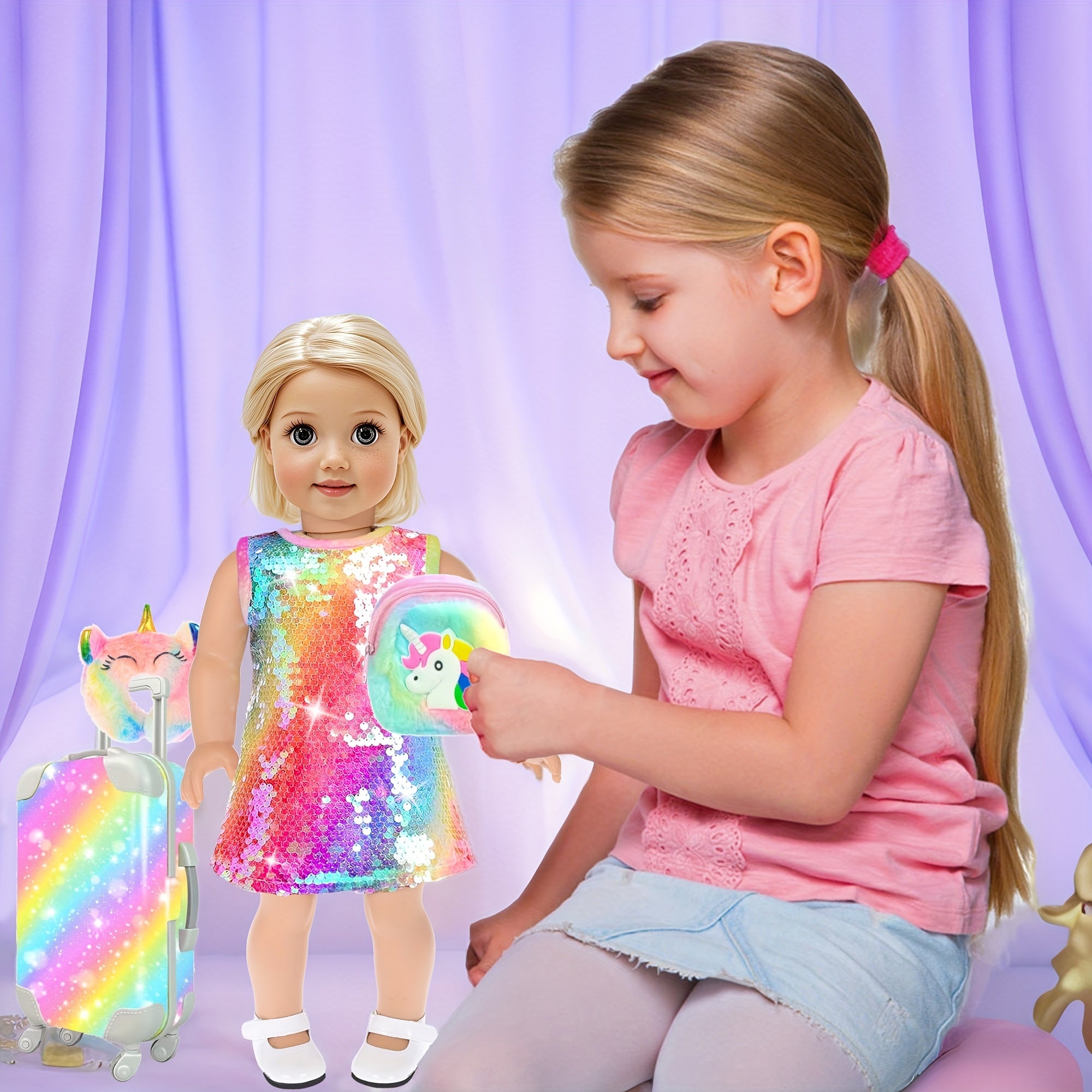 24pcs 18 Inch Doll Travel Case Set with Shinning Dresses Handbag Glasses Shoes