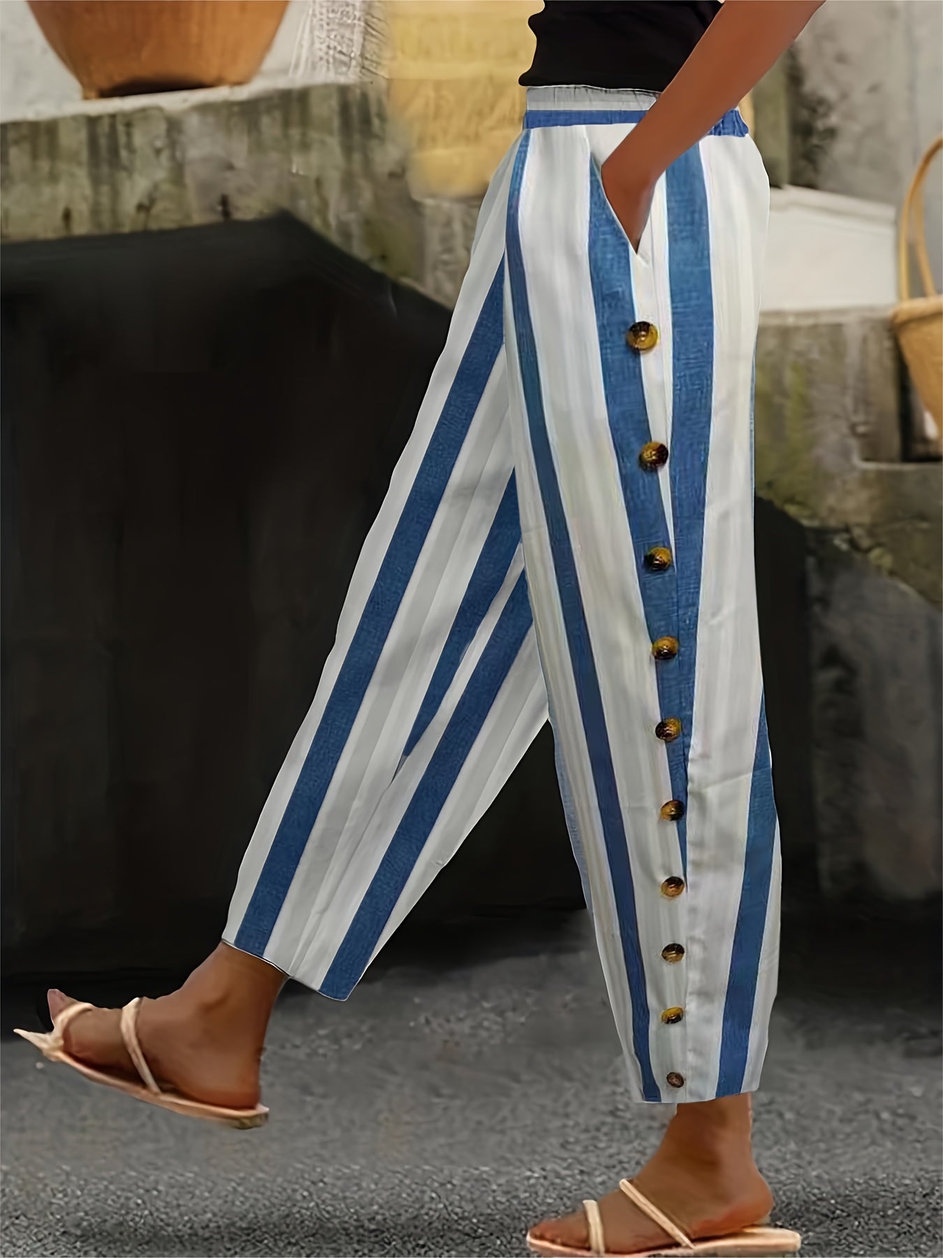  Striped Print Side Trousers With Pockets