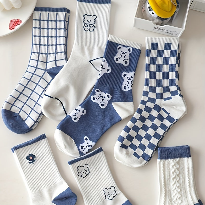10 Pairs Bear & Plaid Print Ribbed Socks Women's Mid Tube Stockings