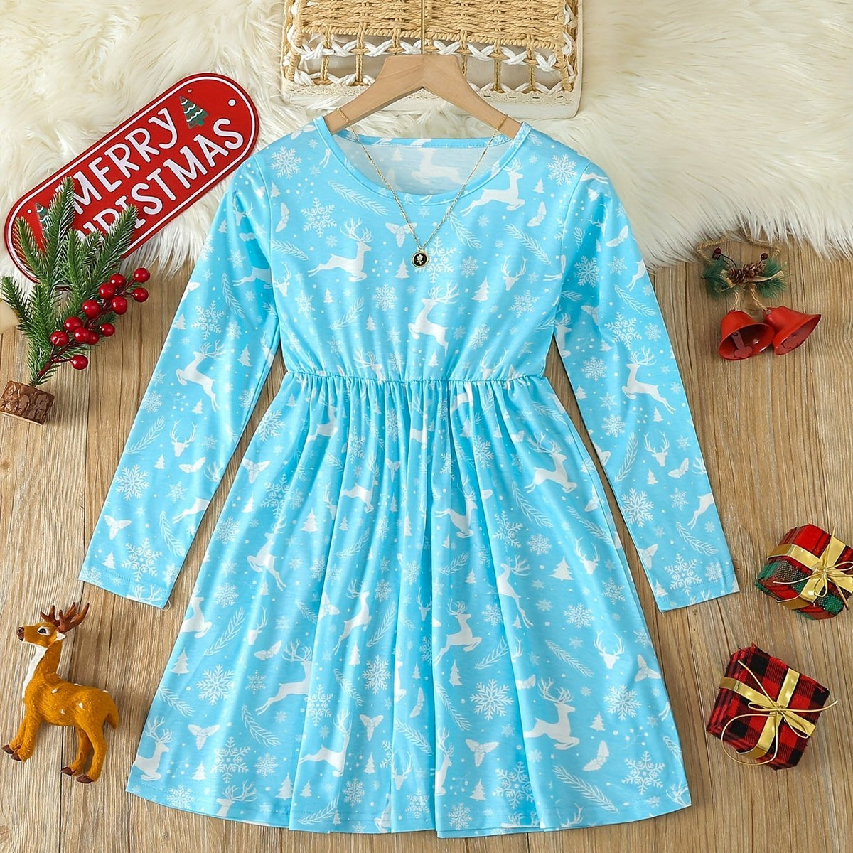 Sweet Girls Crew Neck Long Sleeve Dress Spring Fall