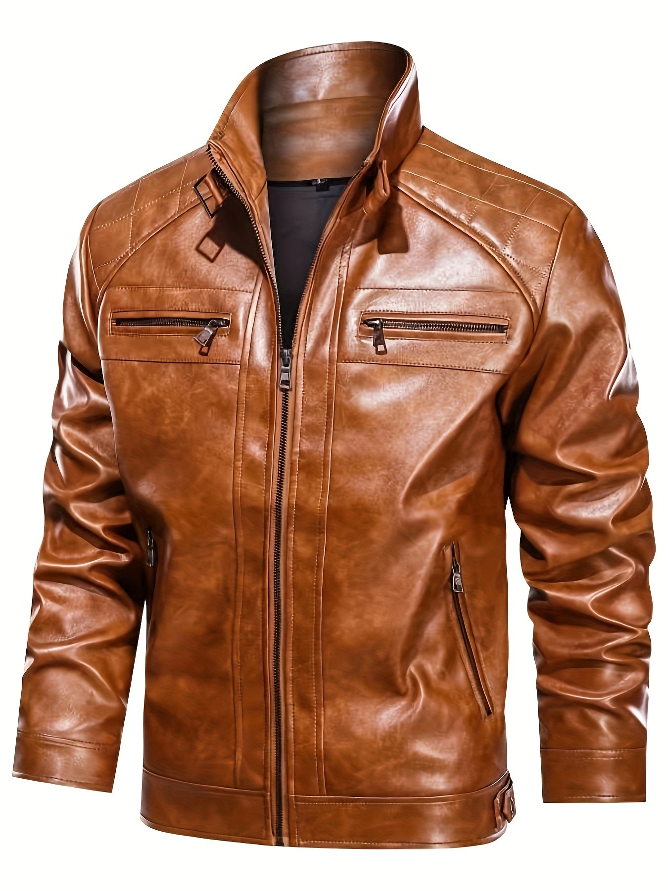 Men's Solid PU Zip Jacket Stand Collar