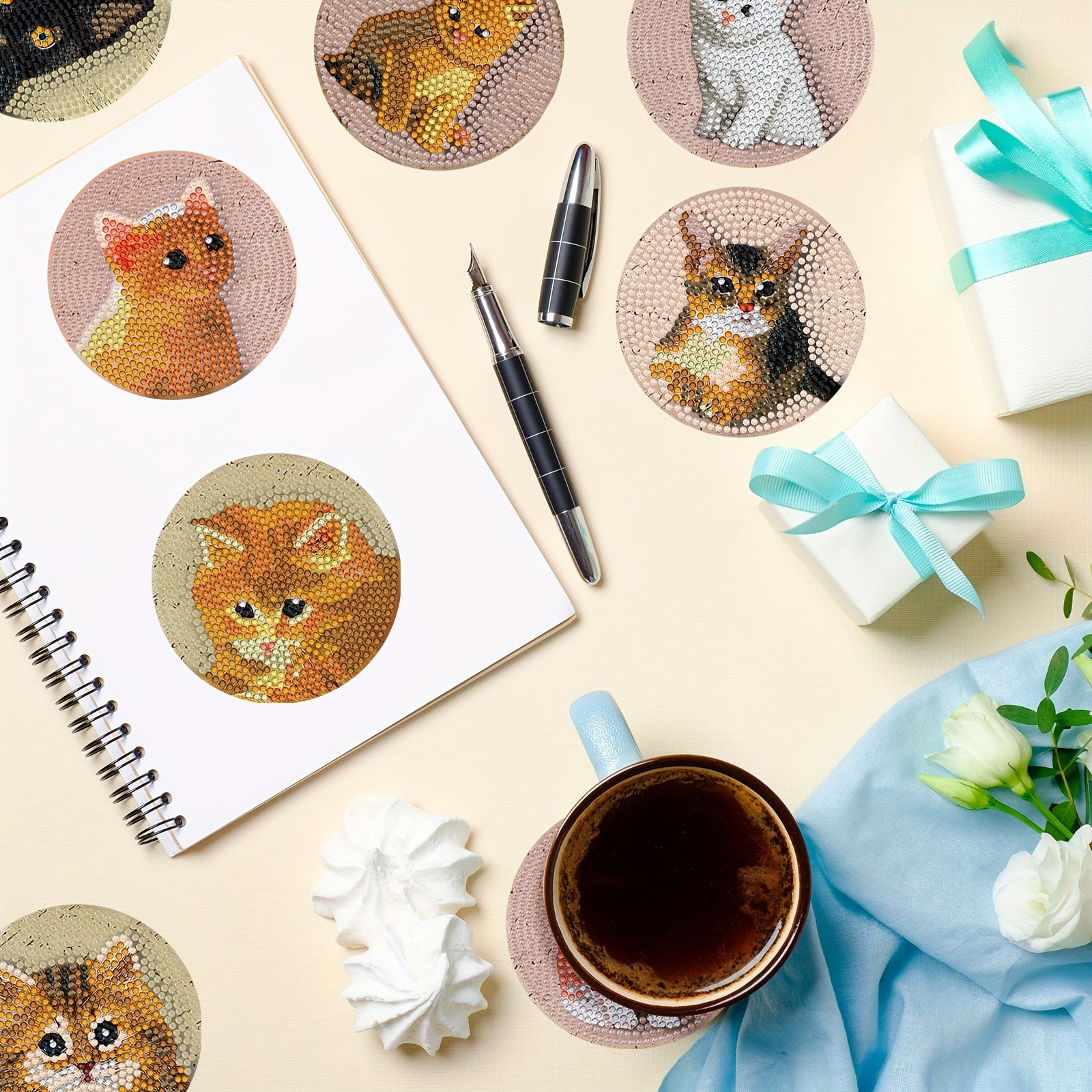 8pcs 3D Cats Diamond Painting Coasters Kits with Holder DIY Cat Diamond Art
