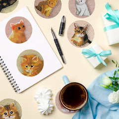 8pcs 3D Cats Diamond Painting Coasters Kits with Holder DIY Cat Diamond Art
