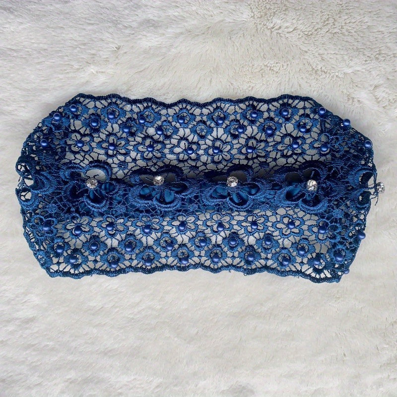 Floral Lace Hair Band Retro Wide Mesh Headdress Headwear Rhinestone Decor