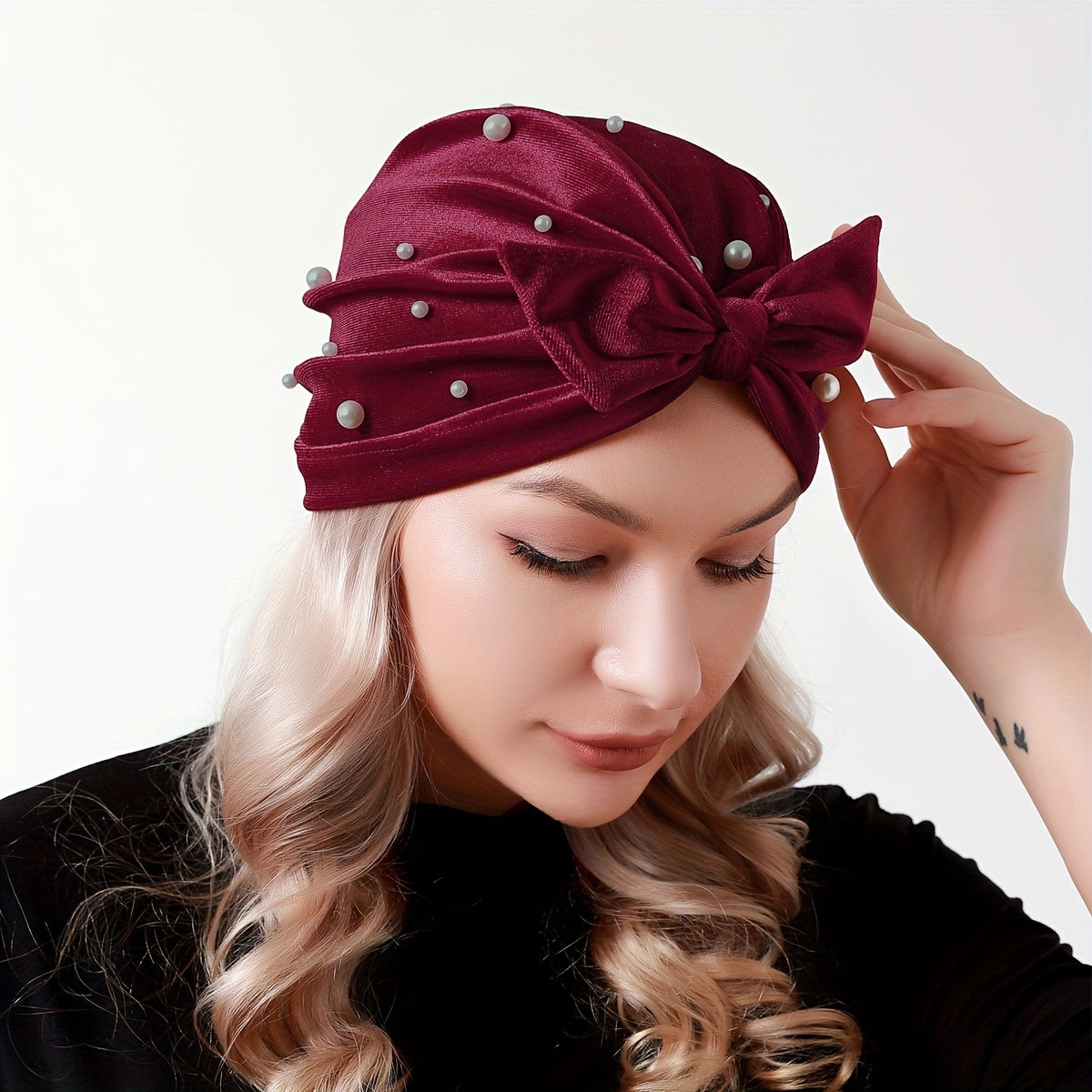 Velvet Bow Turban Hat Rhinestone Elastic Head Wrap