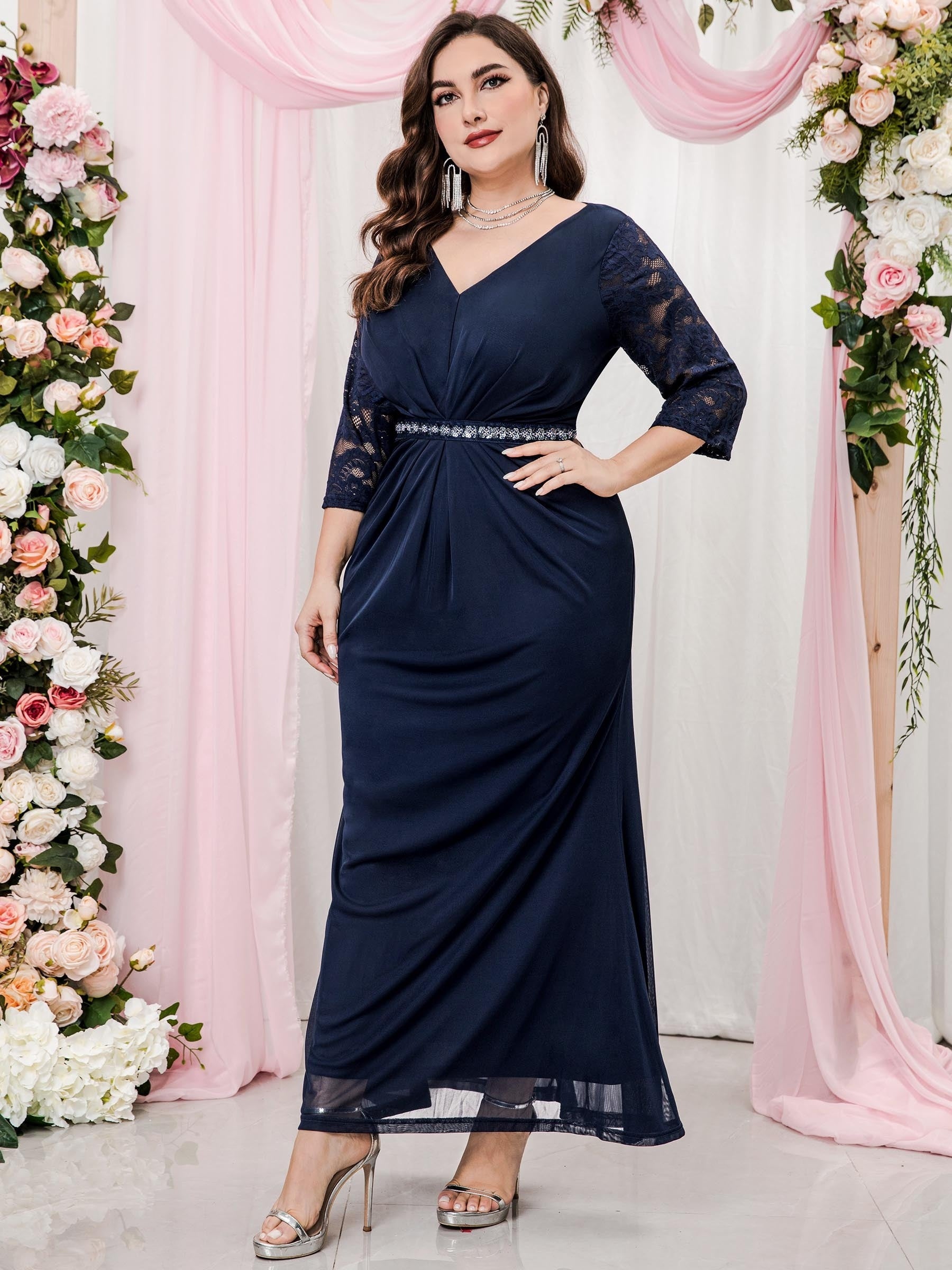  Colorblock Sequin Lace Bridesmaid Maxi Dress
