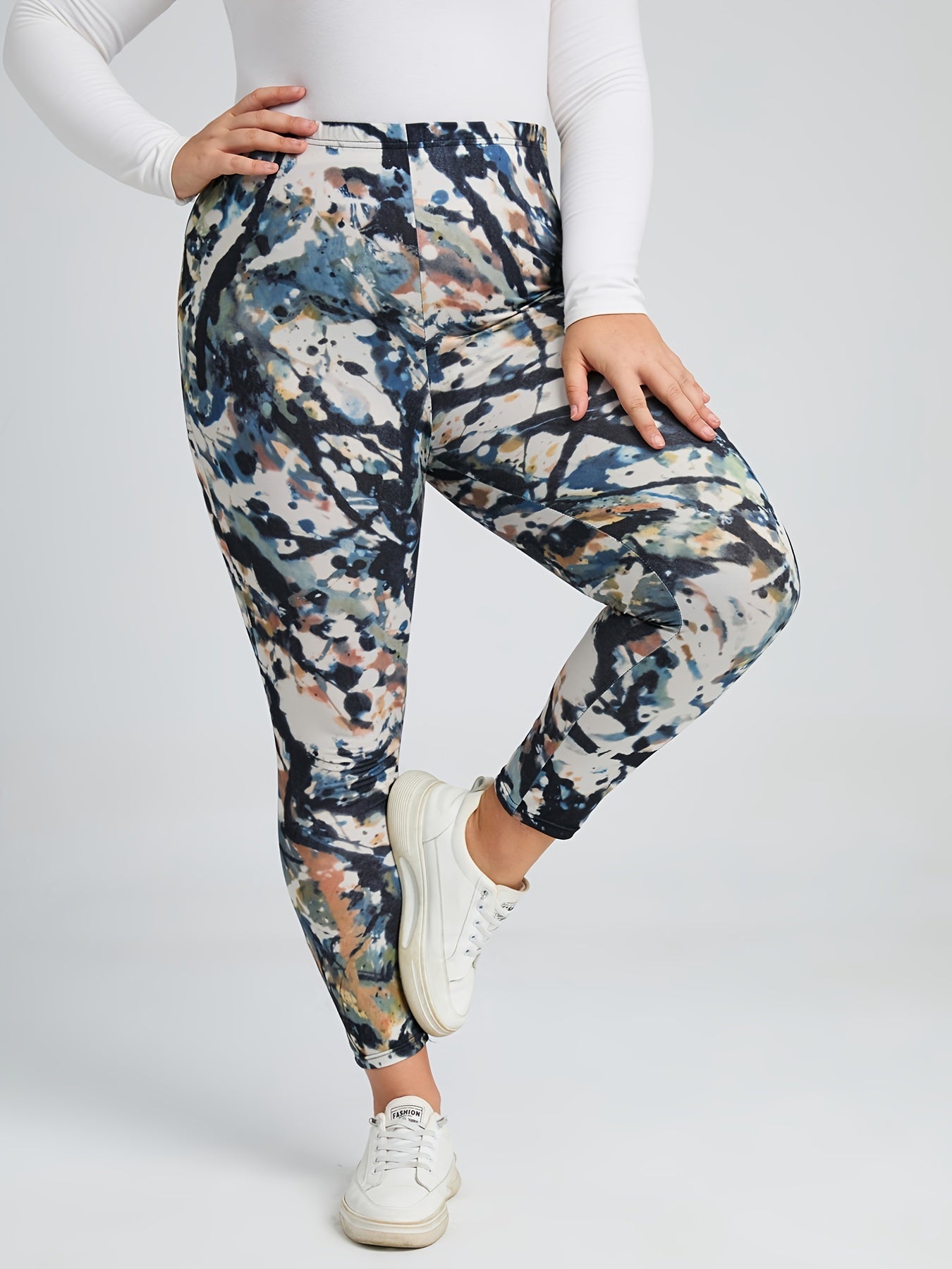  High Rise Random Print Leggings Women's Plus High Stretch Boho Skinny