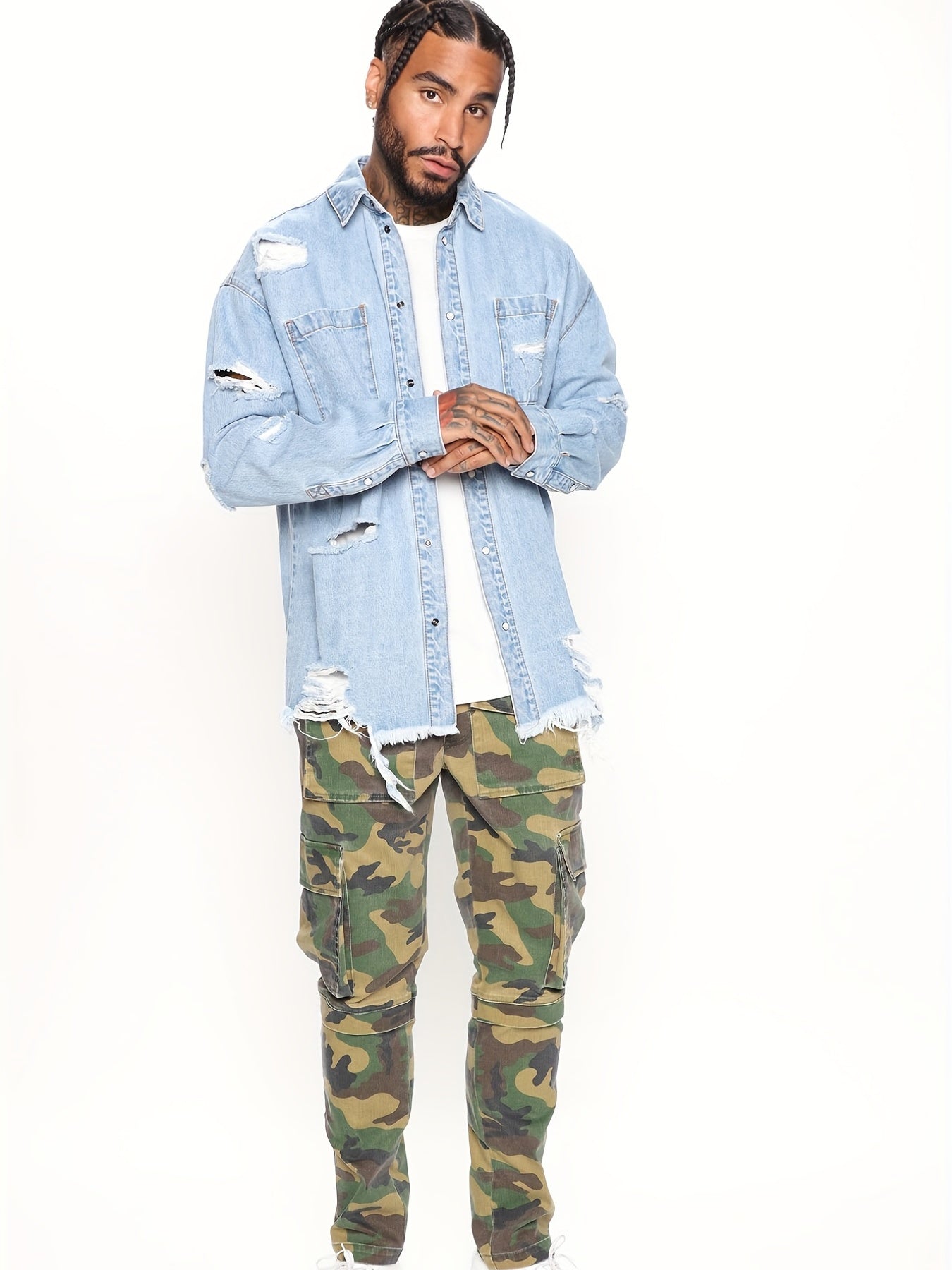 Men's Ripped Denim Jacket Street Style Button Up Collar