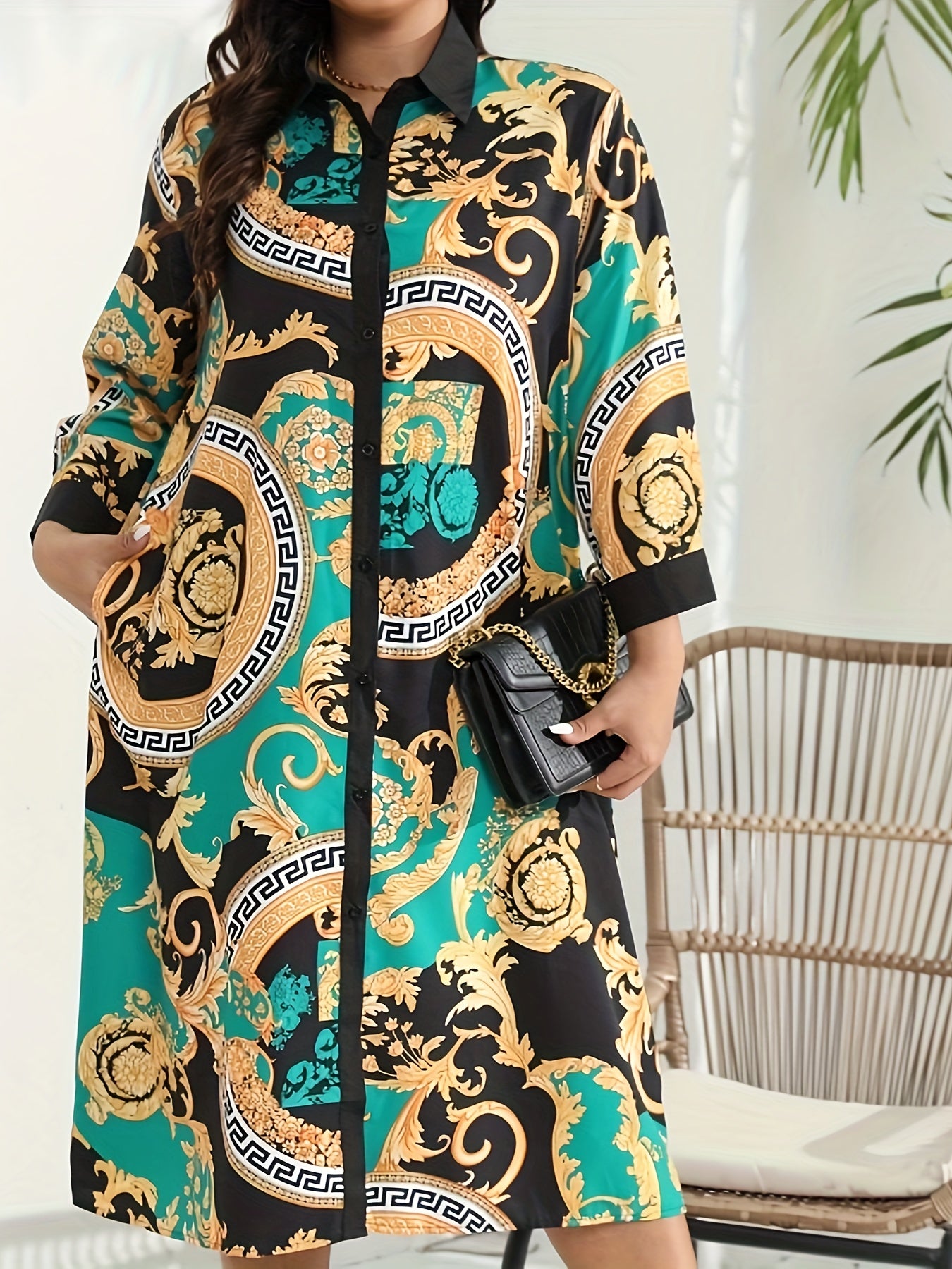  Baroque Print Button Up Long Sleeve Shirt Dress