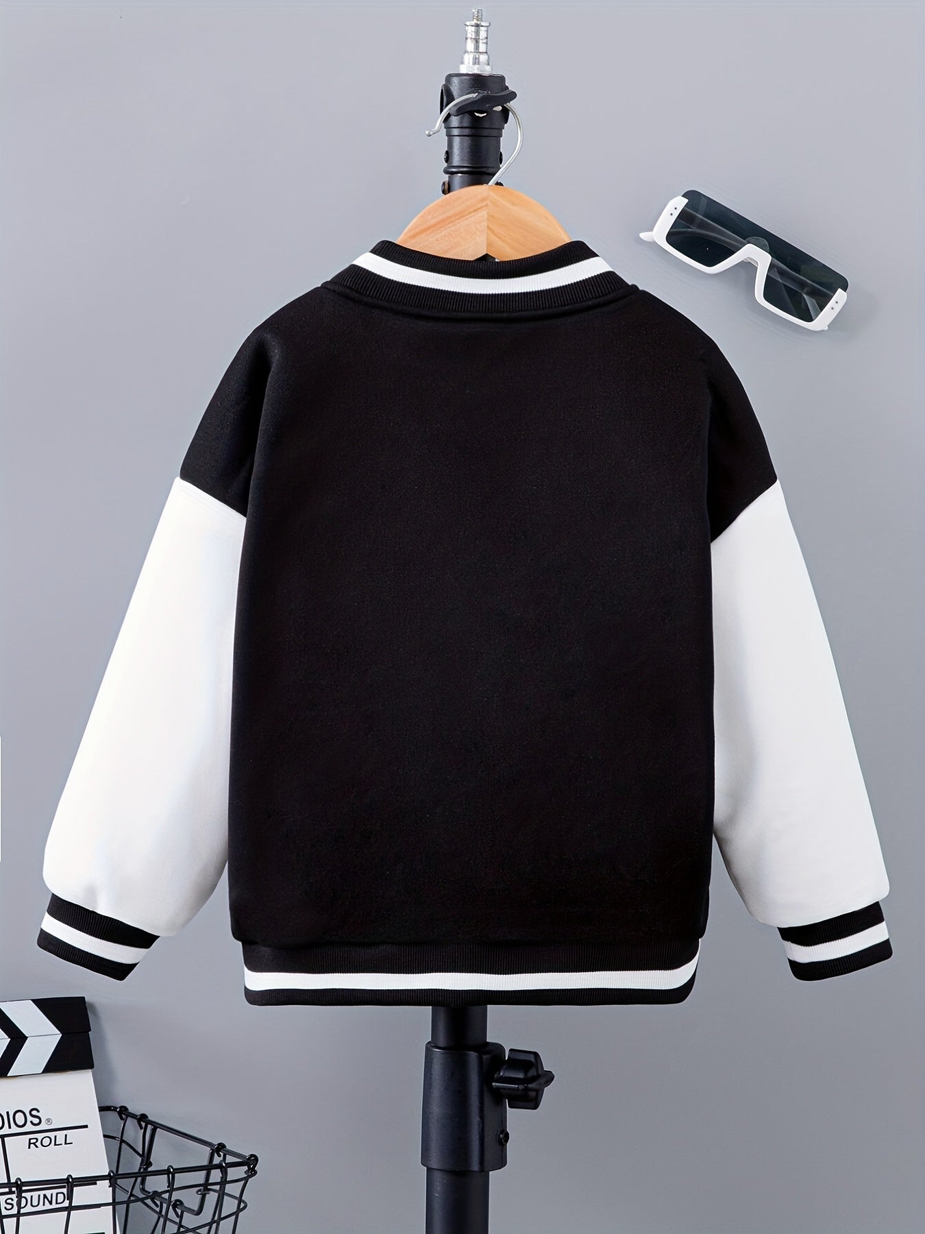 Letter Patched Kid's Baseball Jacket Button Front Long Sleeve Top
