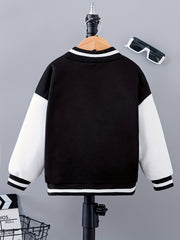 Letter Patched Kid's Baseball Jacket Button Front Long Sleeve Top