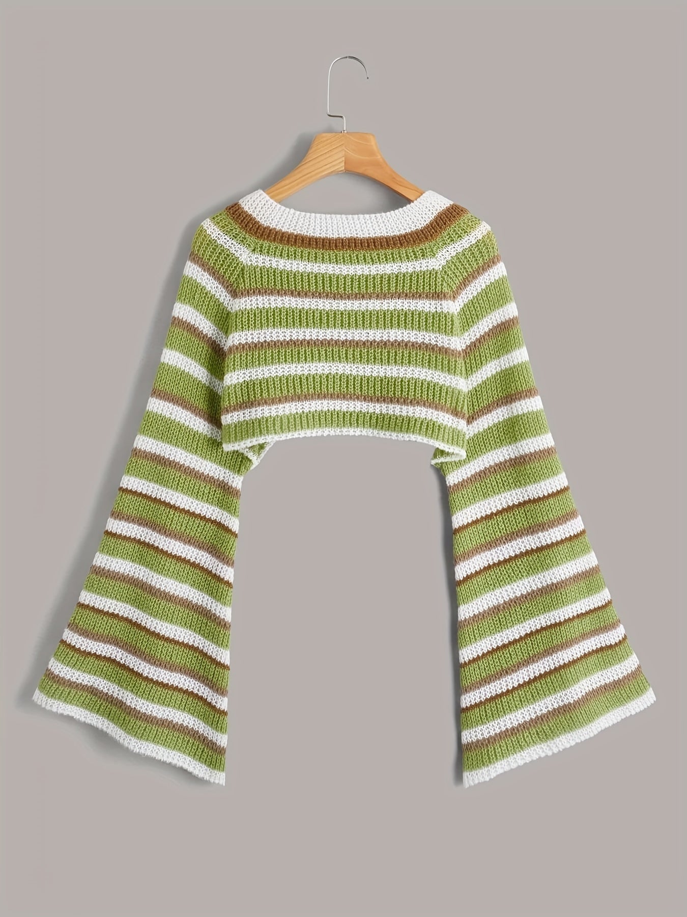  Y2K Striped Bell Sleeve Crew Neck Crop Sweater