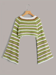  Y2K Striped Bell Sleeve Crew Neck Crop Sweater