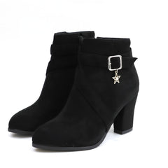 Women's Star Buckle Ankle Boots Block High Heels Round Toe