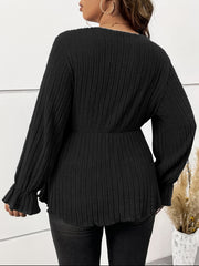  Solid Flounce Sleeve Ribbed Knit Peplum Top