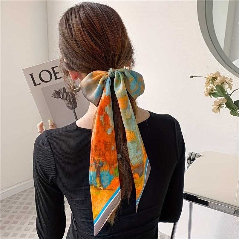 Vintage Printed Silky Scarf Hair Ribbon Long Bow Ribbon Braided Hair Rope
