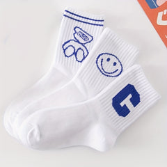 3 Pairs Kids Cotton Blend Crew Socks Small Bear Smiling Face Letter Print