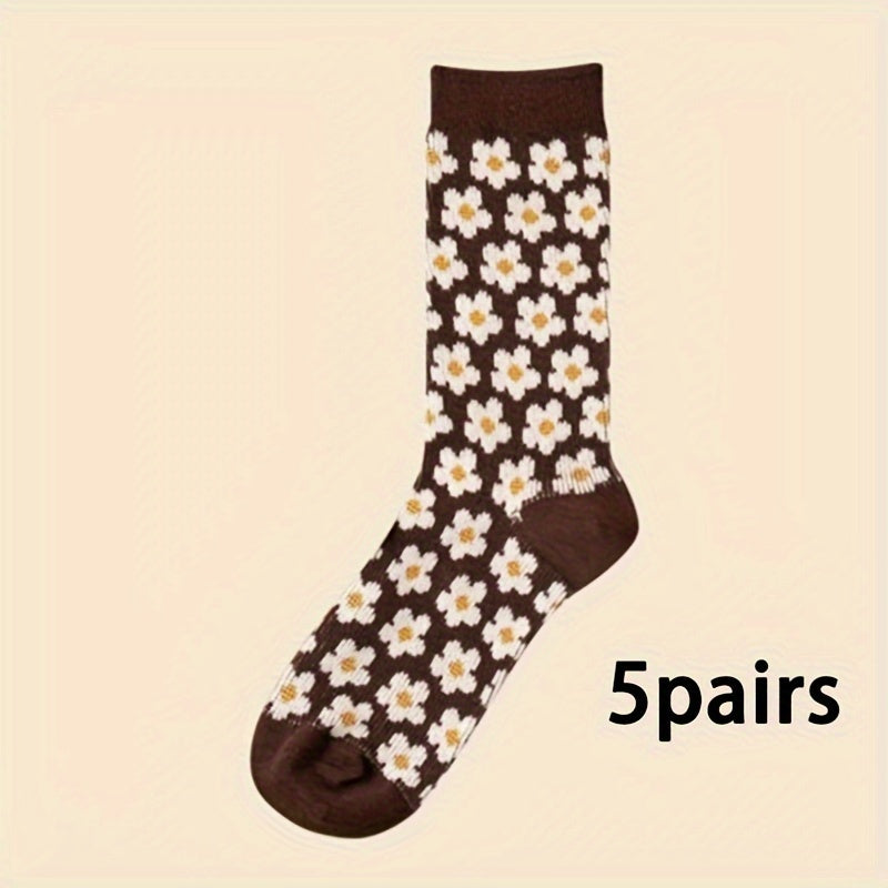 5 Pairs Vintage Pattern Crew Socks for Women