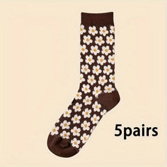 5 Pairs Vintage Pattern Crew Socks for Women