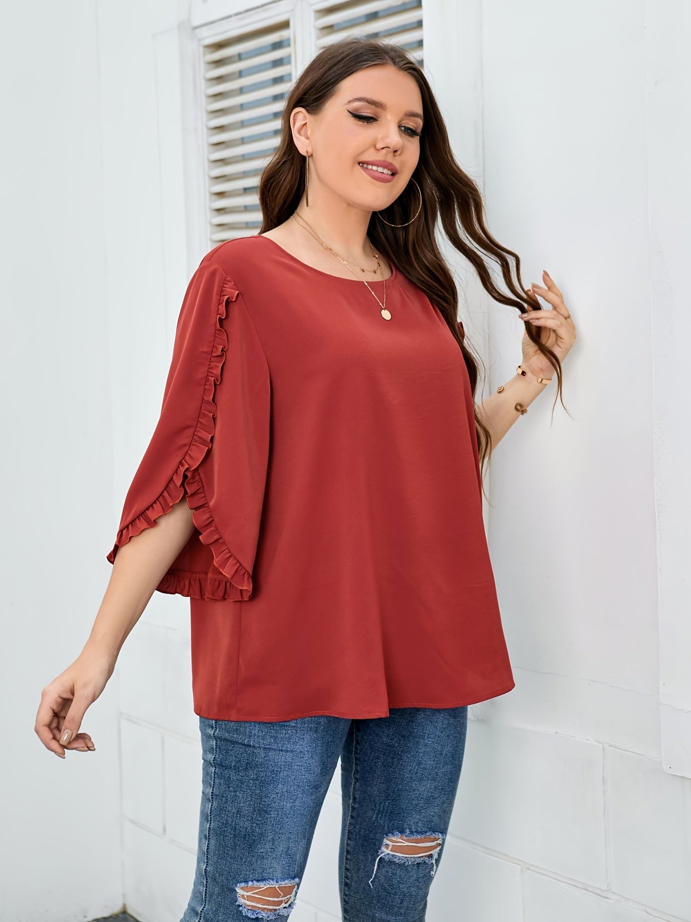  Ruffle Trim Long Sleeve Top Women's Plus Round Neck T-Shirt