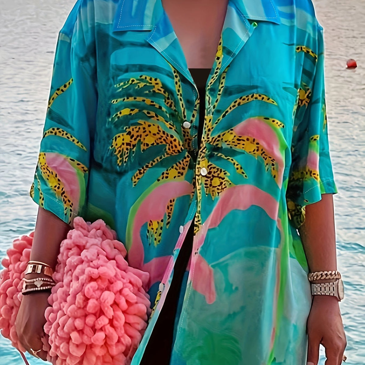  Vacay Blouse Women's Plus Random Print Button Up Half Sleeve