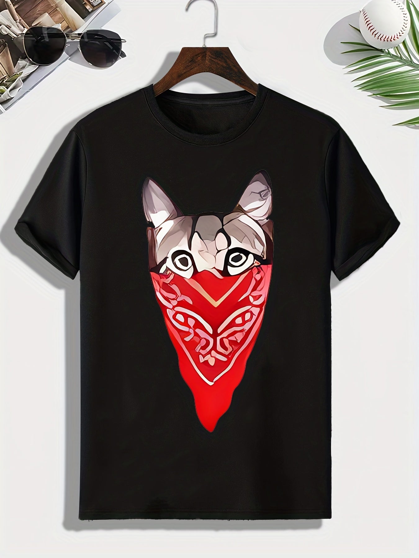 Men's Cat Print T-shirt Active Comfy Stretch Crew Neck Tee