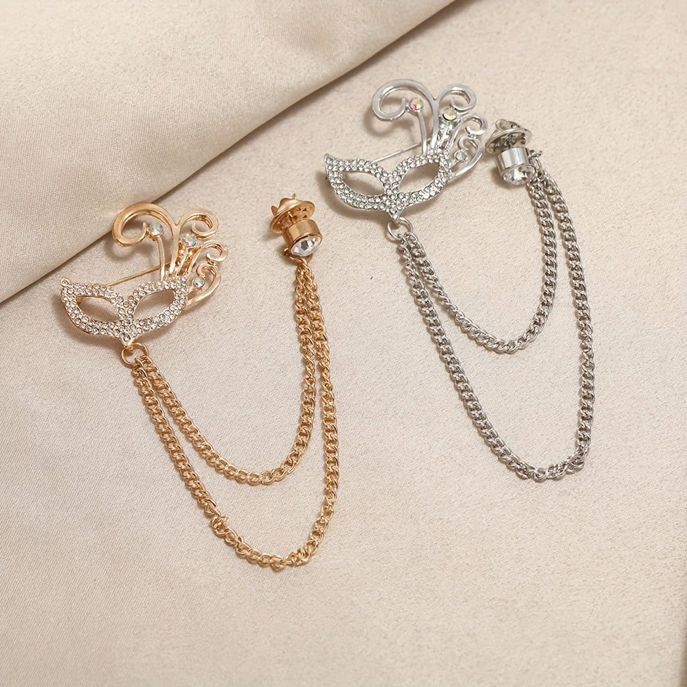 Fox Mask Brooch Crystal Tassel Chain Lapel Pins Suit Accessories