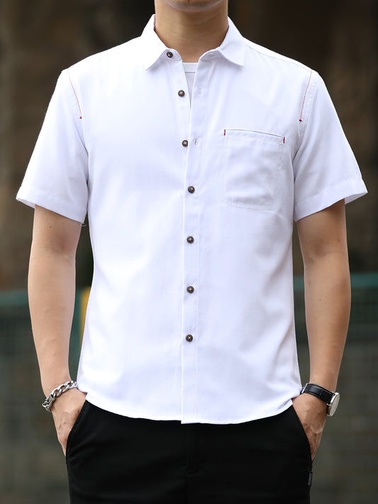 Men s Casual Cotton Shirt Vintage Style Short Sleeve Shirt With Chest Pocket