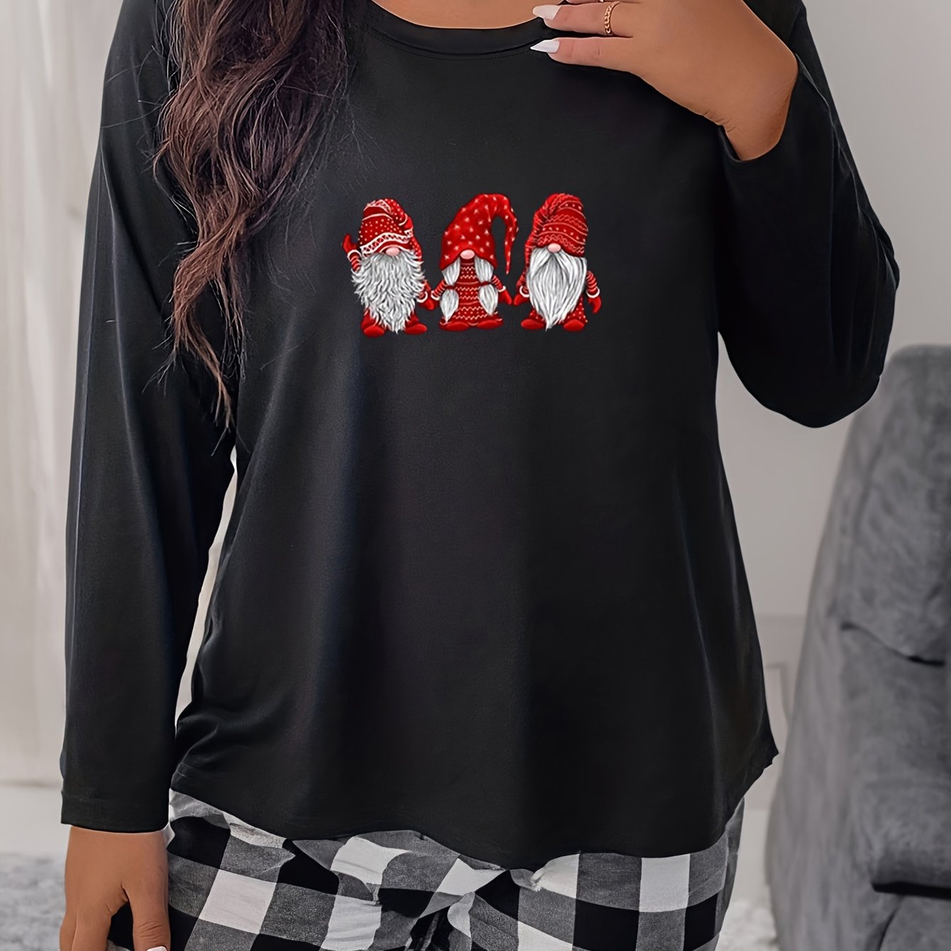  Christmas Casual Pajama Top Women's Plus Gnomes Print Long Sleeve Tee
