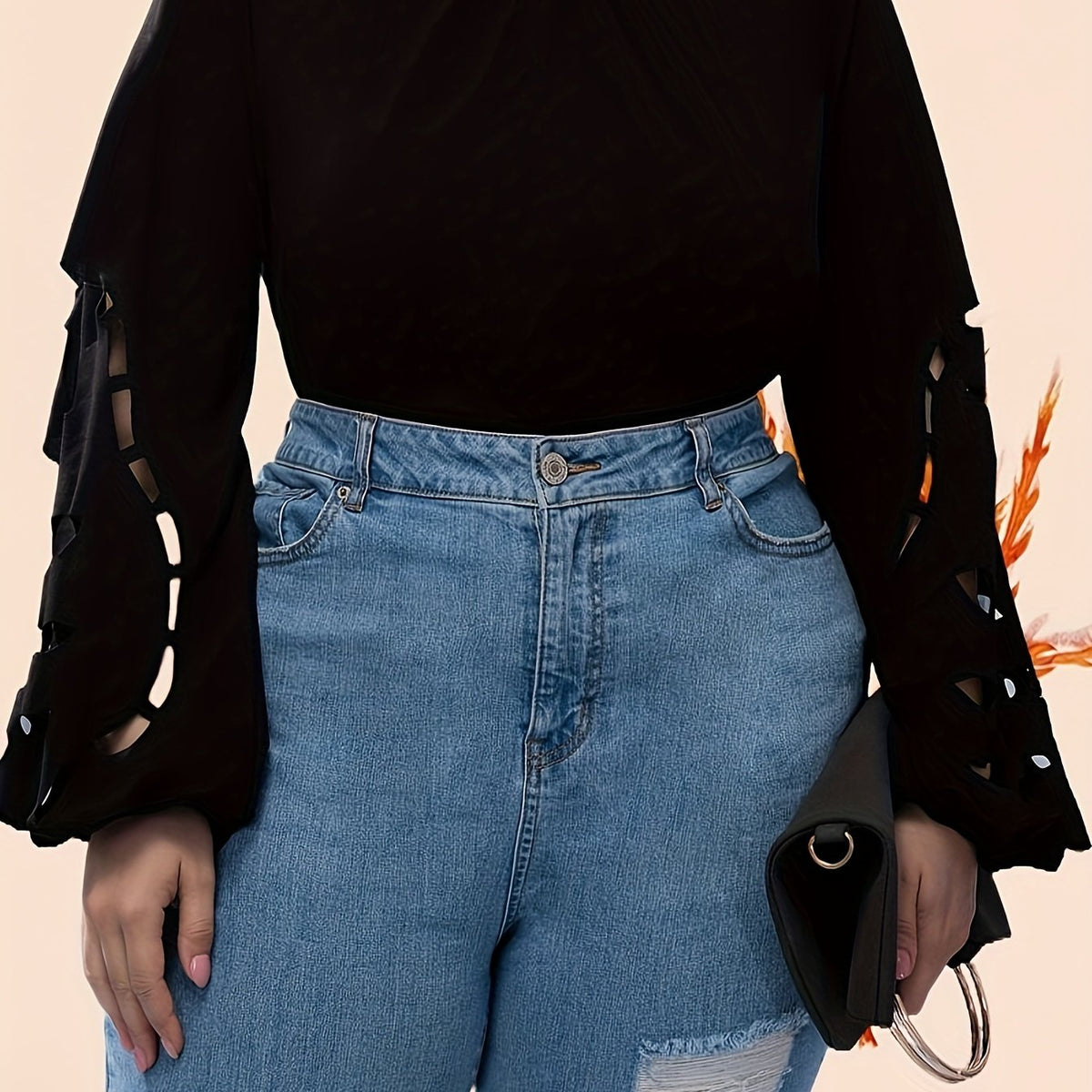  Solid Cut Out Lantern Sleeve Top