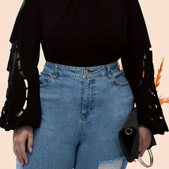  Solid Cut Out Lantern Sleeve Top