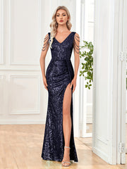 Sequined V Neck Ruched Split Dress Chain Decor Bodycon Dress