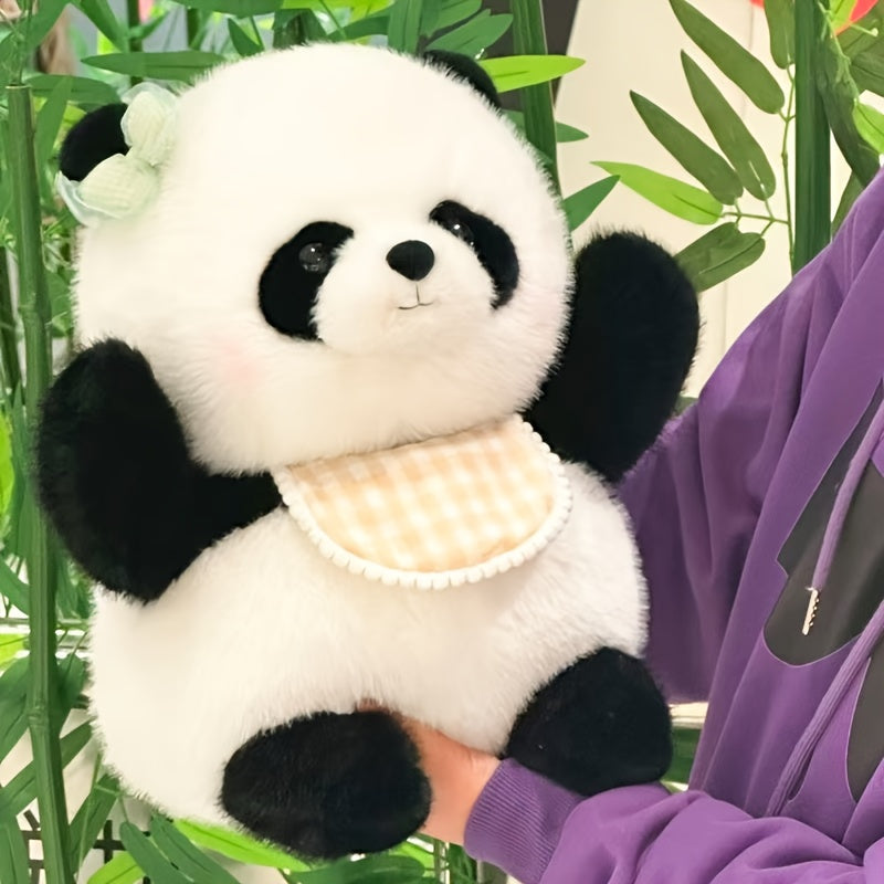 Large Huggable Panda Plush Toy with Expressive Eyes & Checkered Bib