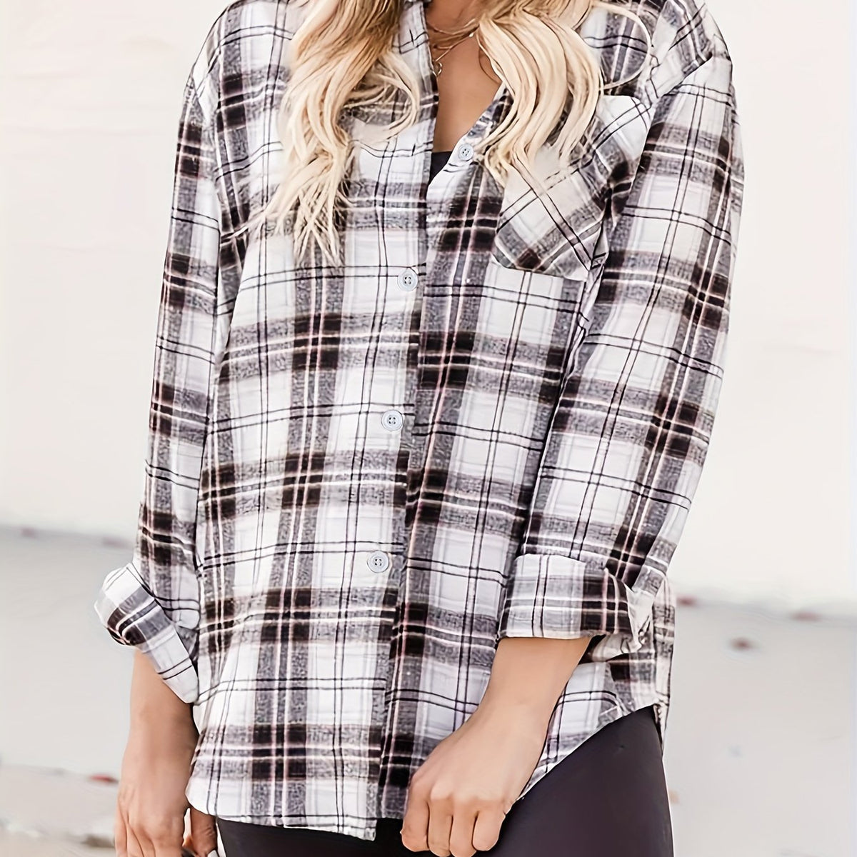  Plaid Print Long Sleeve Blouse