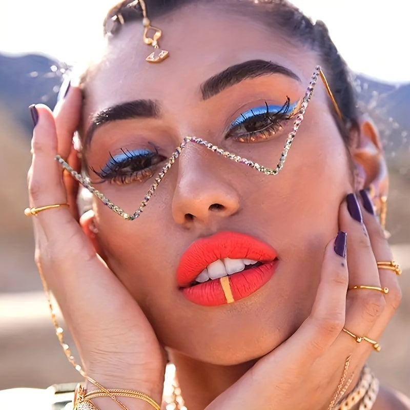 Rhinestone Decor Lensless Glasses W Shaped Frame Photo Prop Eyewear