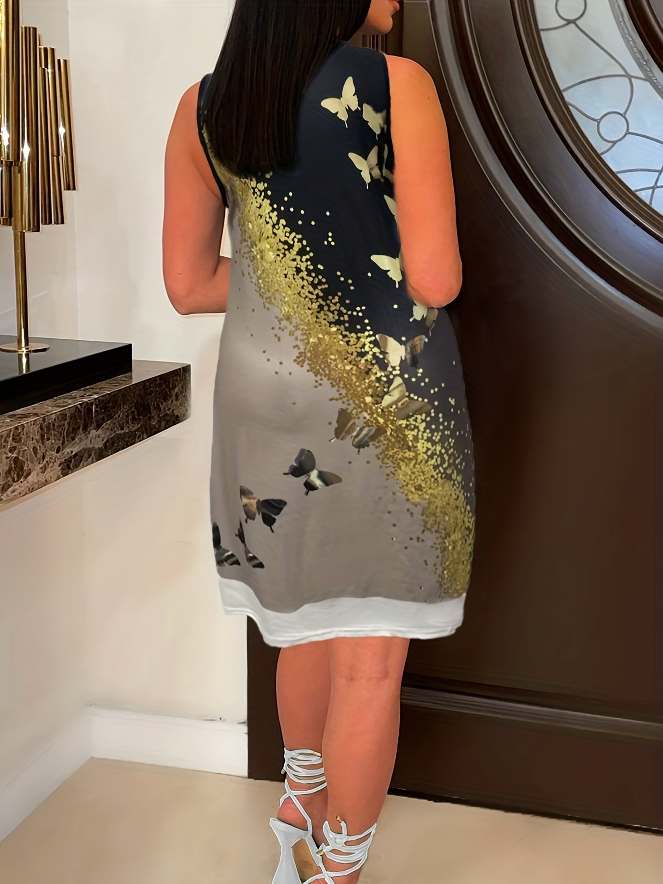  Colorblock Butterfly & Dots Print Tank Dress
