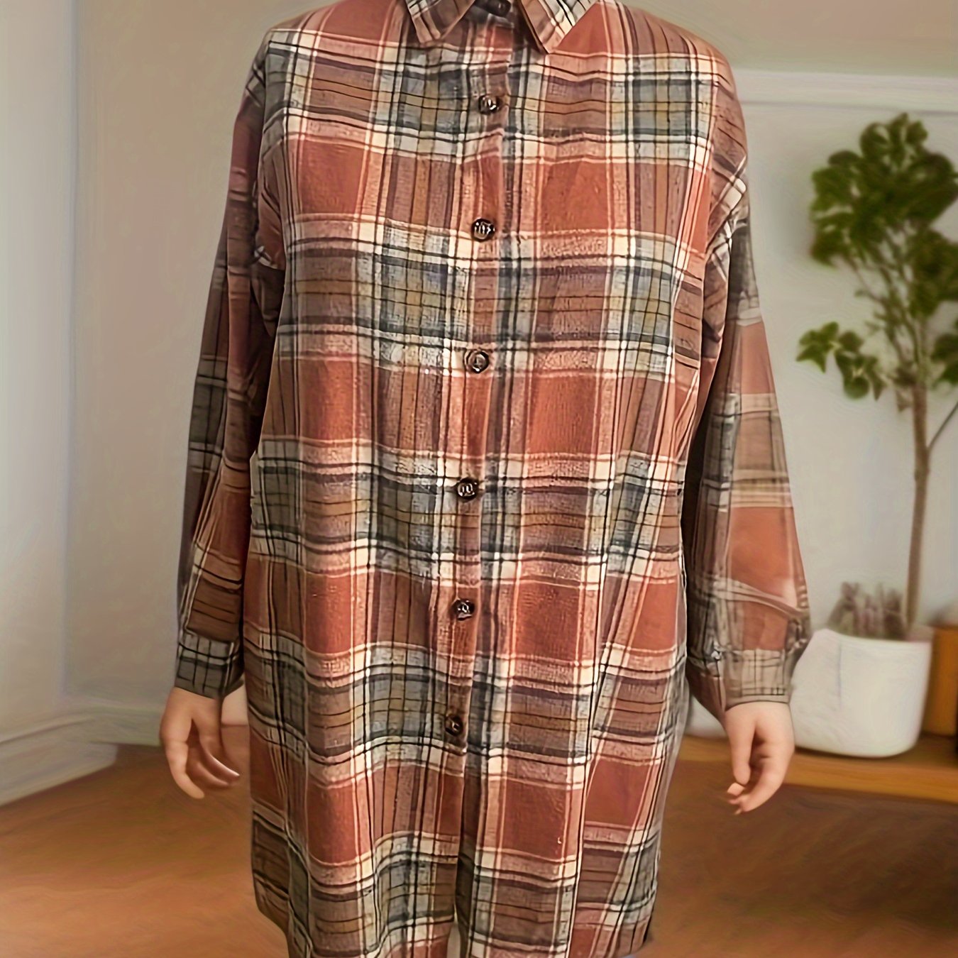  Plaid Print Long Sleeve Button Up Collar Tunic Shirt